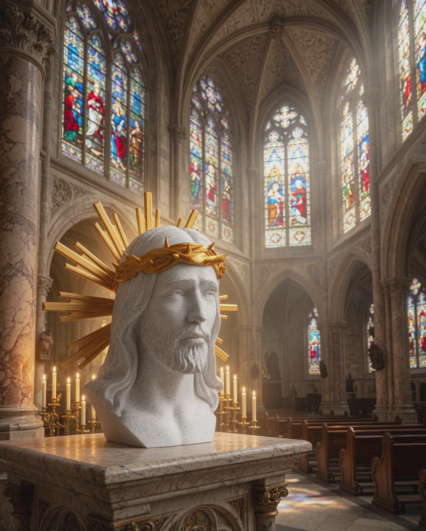 Jesus Christ Bust with Golden Crown of Thorns & Radiant Halo – Marble Finish Religious Sculpture - Pack Of 01