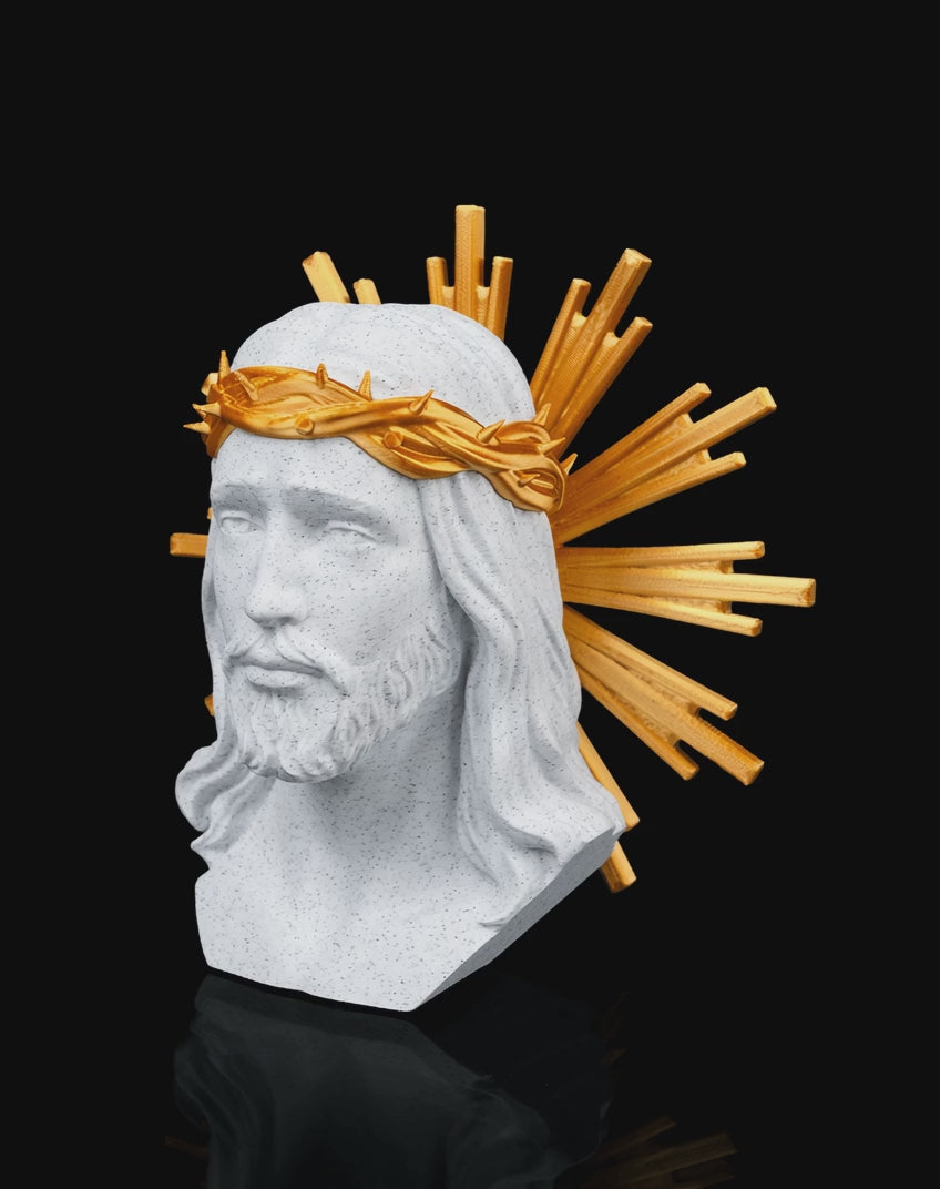 Jesus Christ Bust with Golden Crown of Thorns & Radiant Halo – Marble Finish Religious Sculpture - Pack Of 01